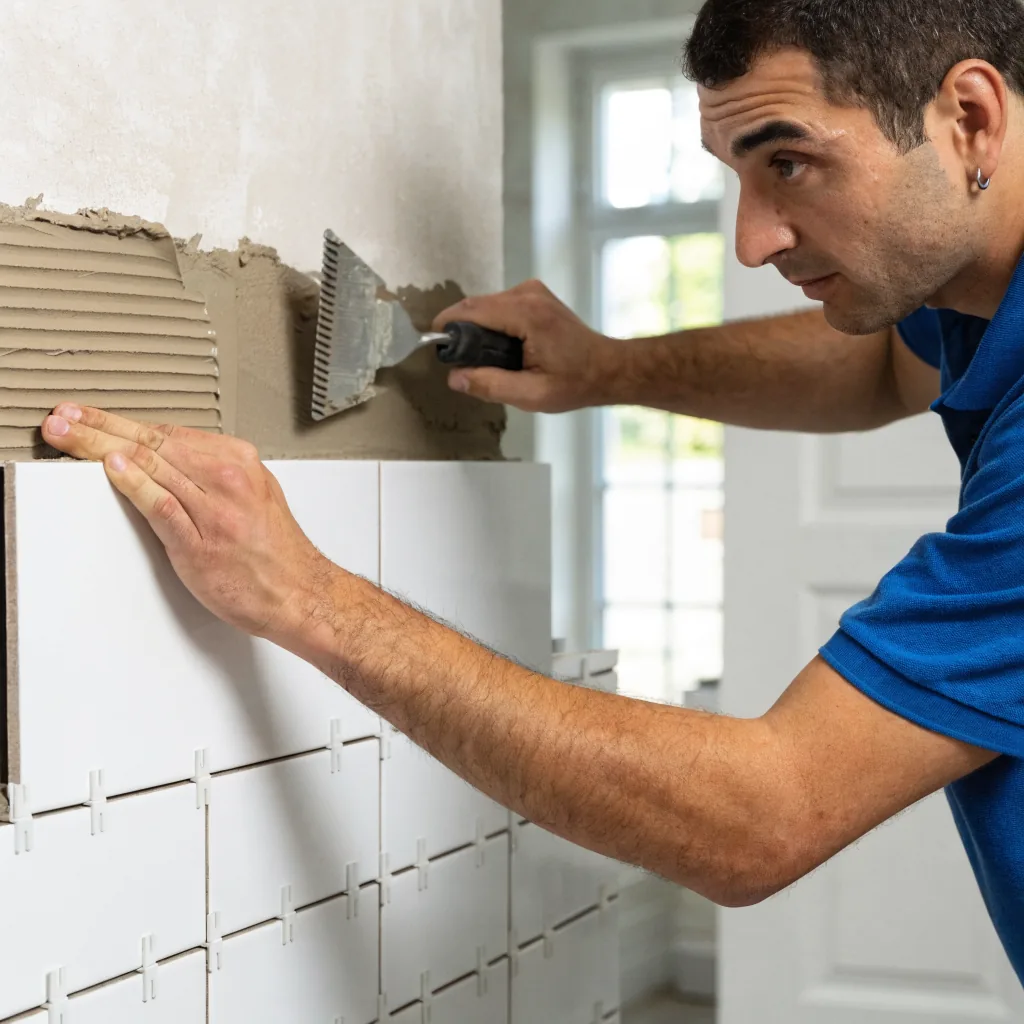 A tiler setting wall tiles with spacers in a Burntwood bathroom